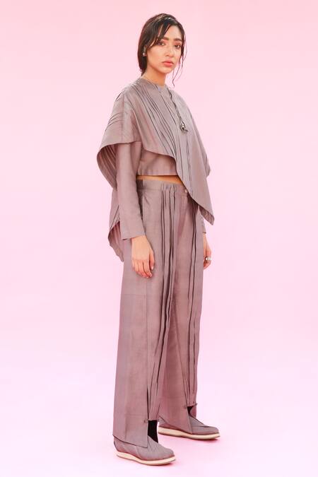 Antar Agni_Grey Cotton Silk Pleated Trouser_Online_at_Aza_Fashions
