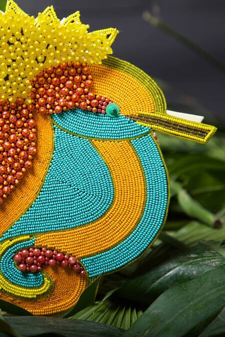 Oceana Clutches_Yellow Glass Beads Embellished Bird Bag_Online_at_Aza_Fashions