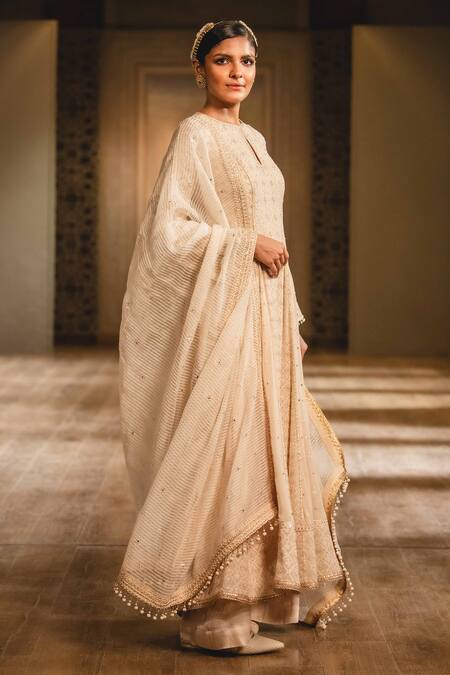 Tarun Tahiliani_Gold Tulle, Georgette, Modal Satin Round Chikankari Anarkali Set_Online_at_Aza_Fashions