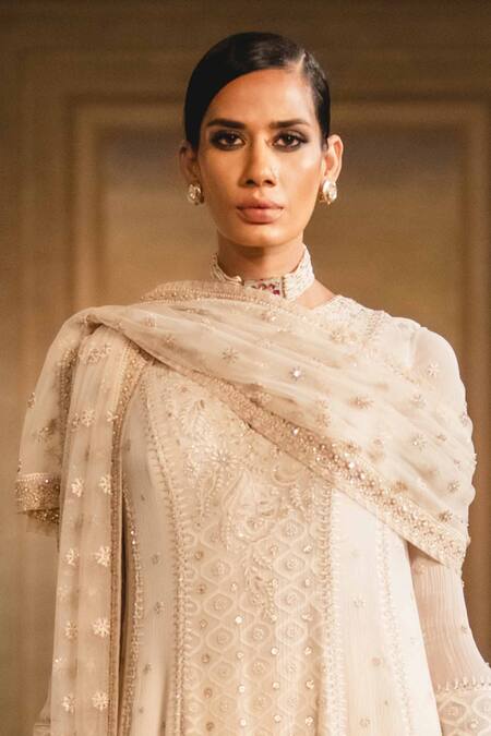 Buy_Tarun Tahiliani_White Silk, Tulle, Chiffon Round Chikankari Anarkali And Dhoti Pant Set_Online_at_Aza_Fashions