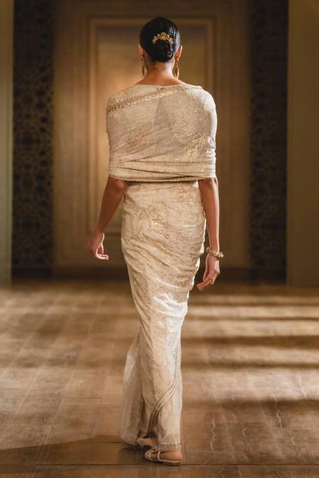 Shop Tarun Tahiliani White Georgette, Satin Lycra Round Embroidered Saree With Chikankari Blouse at Aza Fashions Shop_Tarun Tahiliani_White Georgette, Satin Lycra Round Embroidered Saree With Chikankari Blouse_at_Aza_Fashions