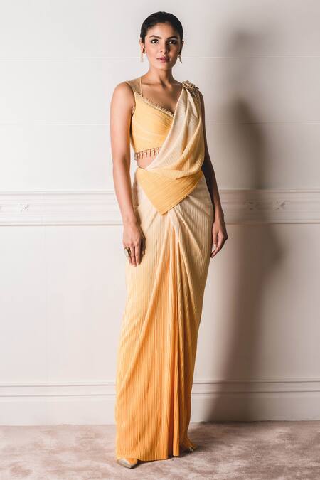 Tarun Tahiliani Yellow Chiffon V Neck Pre-draped Saree With Blouse