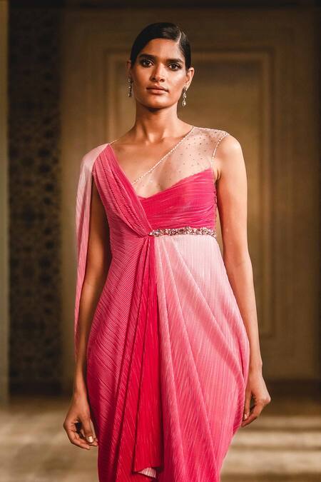 Tarun Tahiliani_Pink Tulle, Crinkle V Neck Embroidered Draped Gown_Online_at_Aza_Fashions