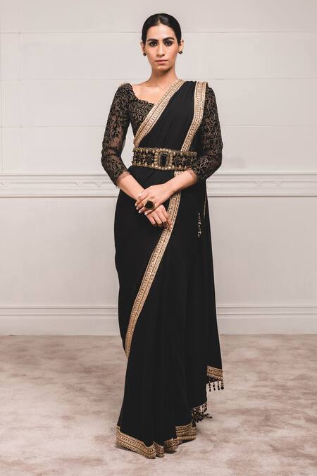 Tarun Tahiliani_Black Georgette Round Embroidered Saree With Blouse _Online_at_Aza_Fashions
