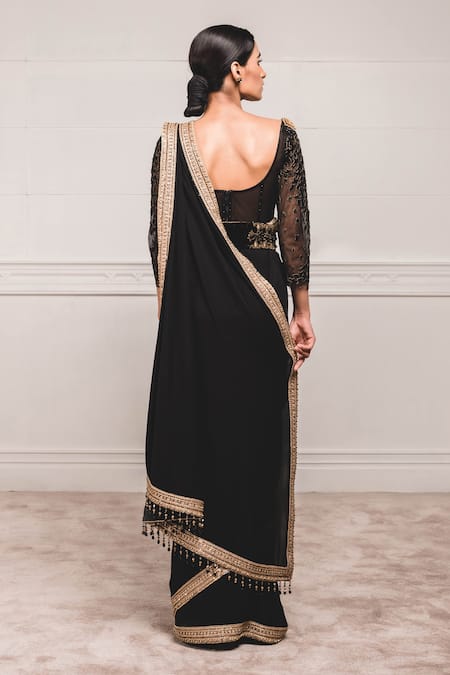 Shop_Tarun Tahiliani_Black Georgette Round Embroidered Saree With Blouse _at_Aza_Fashions