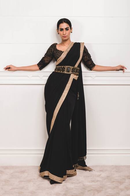 Shop_Tarun Tahiliani_Black Georgette Round Embroidered Saree With Blouse _Online_at_Aza_Fashions