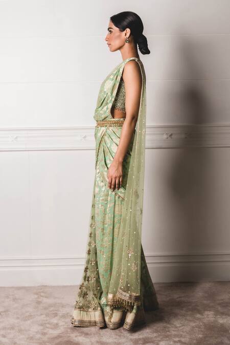 Tarun Tahiliani_Green Banarasi Georgette Round Pre-draped Saree With Blouse_Online_at_Aza_Fashions