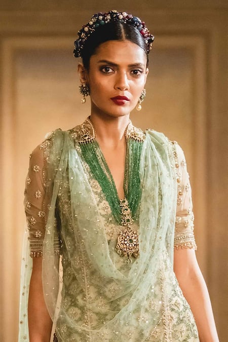 Tarun Tahiliani_Green Tulle V Neck Embroidered Kurta Sharara Set_Online_at_Aza_Fashions