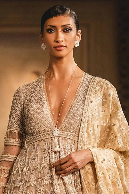 Buy_Tarun Tahiliani_Gold Tulle V Neck Embroidered Anarkali Set _Online_at_Aza_Fashions