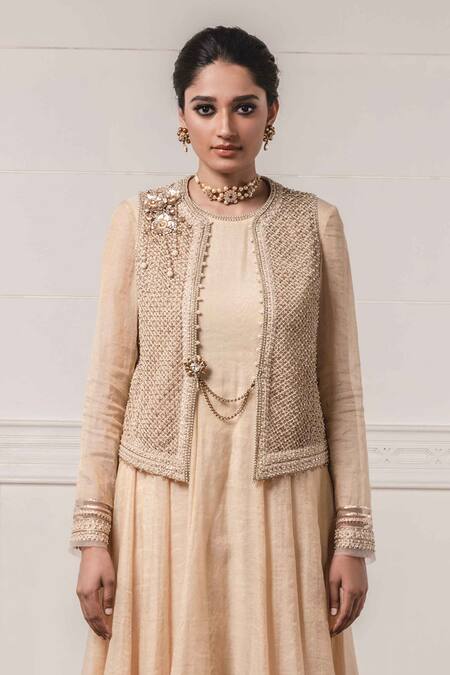 Shop_Tarun Tahiliani_Gold Tulle Round Embroidered Jacket_Online_at_Aza_Fashions