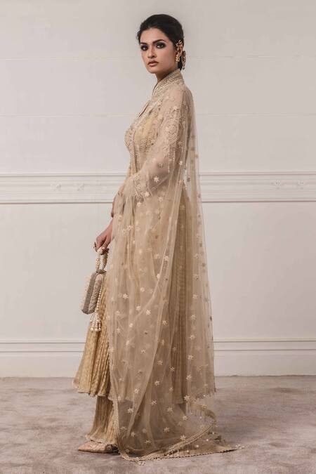 Tarun Tahiliani_Gold Tissue Chanderi Mandarin Collar Anarkali Set_Online_at_Aza_Fashions