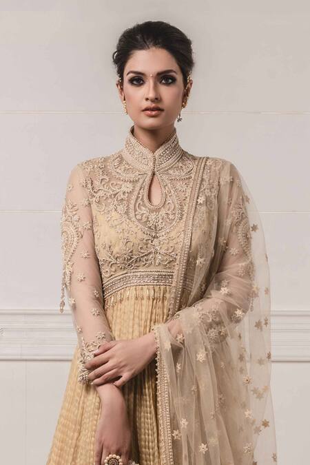 Buy_Tarun Tahiliani_Gold Tissue Chanderi Mandarin Collar Anarkali Set_Online_at_Aza_Fashions