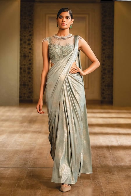 Tarun Tahiliani Blue Foil Jersey Round Draped Saree Gown 