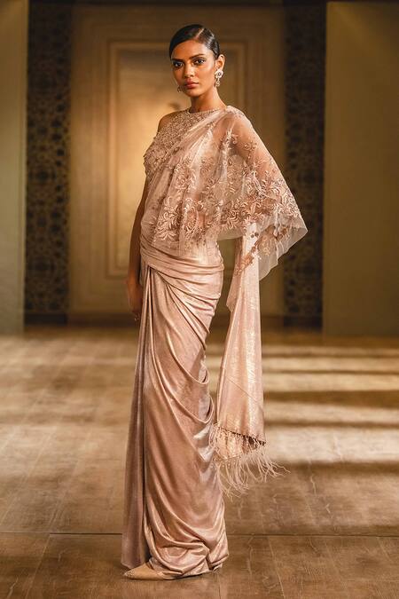 Buy_Tarun Tahiliani_Purple Tulle, Foil Jersey Halter Pre-draped Saree With Blouse_Online_at_Aza_Fashions