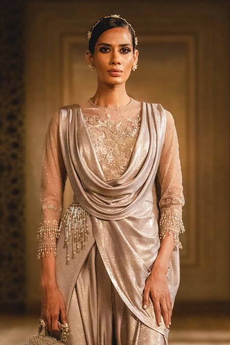 Tarun Tahiliani_Silver Foil Jersey Round Metallic Draped Jumpsuit_Online_at_Aza_Fashions