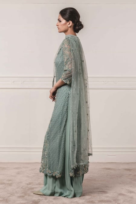 Tarun Tahiliani_Blue Tulle Round Embroidered Kurta Sharara Set_Online_at_Aza_Fashions