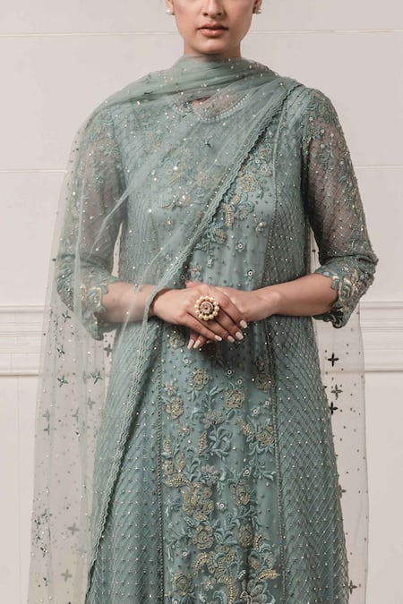 Buy_Tarun Tahiliani_Blue Tulle Round Embroidered Kurta Sharara Set_Online_at_Aza_Fashions