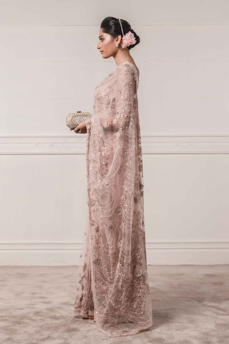 Tarun Tahiliani_Purple Tulle Leaf Neck Embroidered Saree With Blouse_Online_at_Aza_Fashions