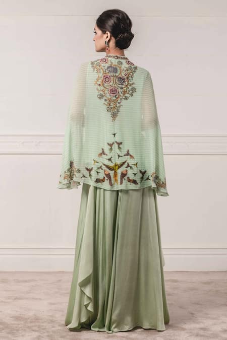 Shop_Tarun Tahiliani_Green Georgette Band Collar Printed Cape And Flared Pant Set _at_Aza_Fashions