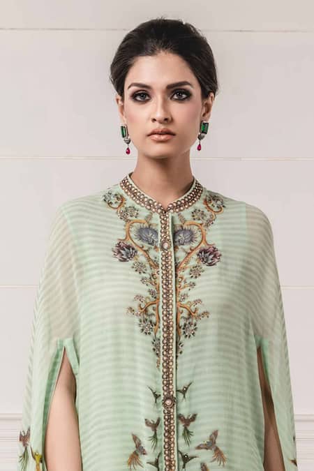 Buy_Tarun Tahiliani_Green Georgette Band Collar Printed Cape And Flared Pant Set _Online_at_Aza_Fashions