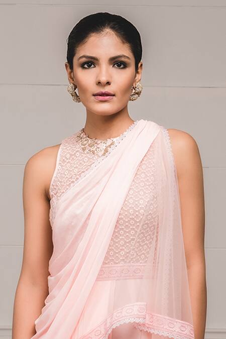 Shop_Tarun Tahiliani_Pink Georgette Round Pre-draped Dhoti Pant Saree_Online_at_Aza_Fashions