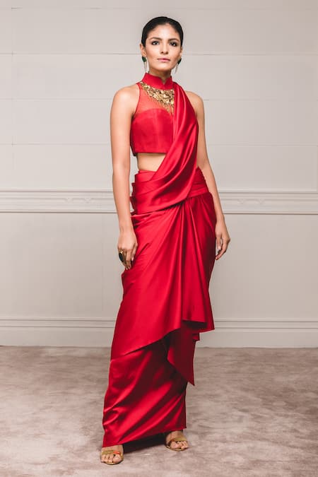 Tarun Tahiliani Red Dupion Halter Pre-draped Saree With Blouse 