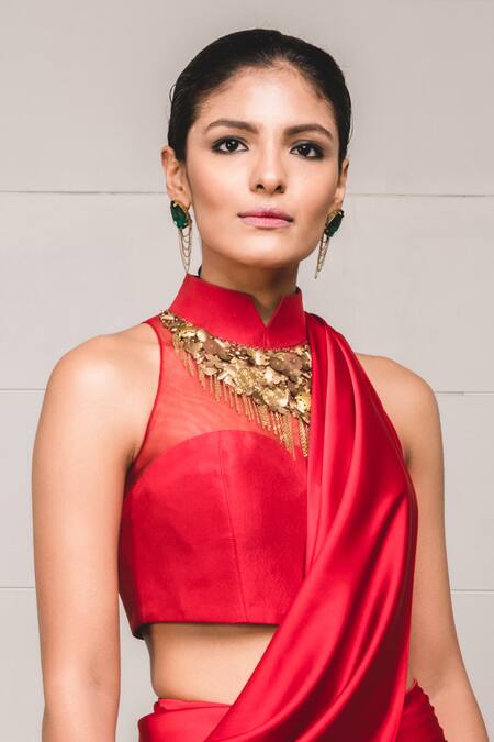Tarun Tahiliani_Red Dupion Halter Pre-draped Saree With Blouse _at_Aza_Fashions