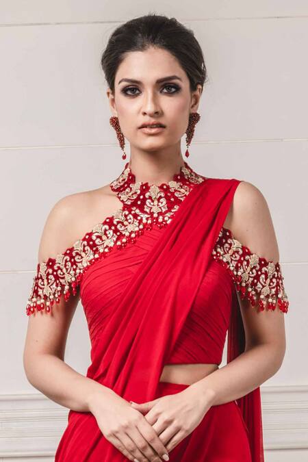 Buy_Tarun Tahiliani_Red Chiffon Halter Pre-draped Saree With Blouse_Online_at_Aza_Fashions