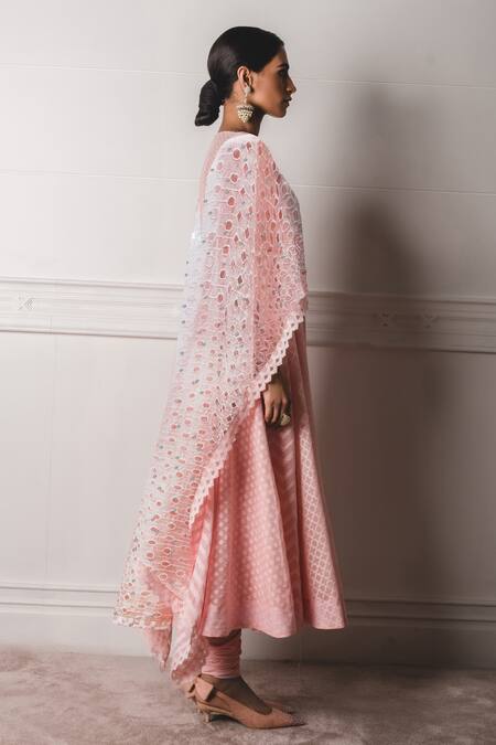 Tarun Tahiliani_Peach Chanderi Jacquard, Schiffli , Stretch Round Draped Anarkali Set_Online_at_Aza_Fashions