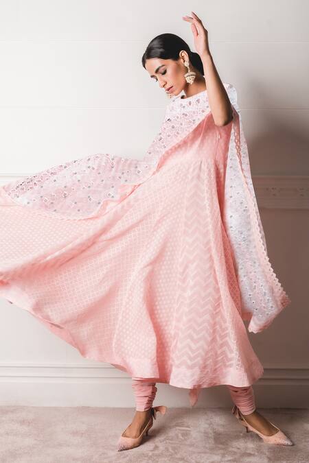 Buy_Tarun Tahiliani_Peach Chanderi Jacquard, Schiffli , Stretch Round Draped Anarkali Set_Online_at_Aza_Fashions