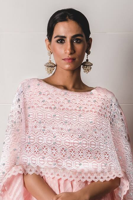 Shop_Tarun Tahiliani_Peach Chanderi Jacquard, Schiffli , Stretch Round Draped Anarkali Set_Online_at_Aza_Fashions