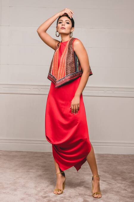 Buy_Tarun Tahiliani_Red Crepe Satin, Dupion Round Draped Dress With Jacket_Online_at_Aza_Fashions