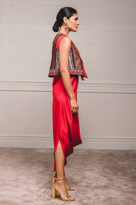 Tarun Tahiliani_Red Crepe Satin, Dupion Round Draped Dress With Jacket_Online_at_Aza_Fashions