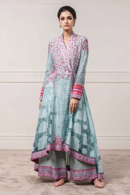 Buy_Tarun Tahiliani_Blue Chanderi V Neck Angrakha And Pant Set _Online_at_Aza_Fashions