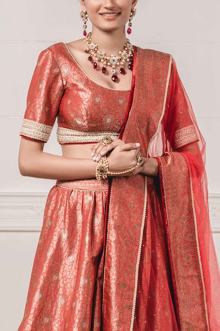 Shop_Tarun Tahiliani_Red Net, Brocade U Neck Bridal Lehenga Set_Online_at_Aza_Fashions