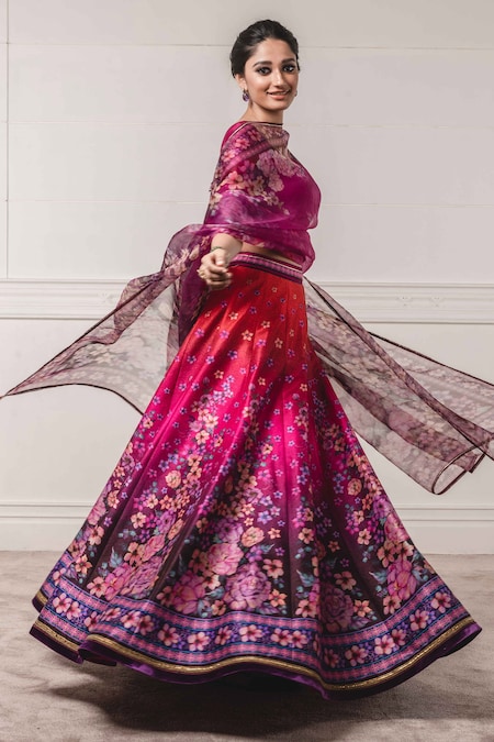 Tarun Tahiliani Purple Tafetta V Neck Printed Bridal Lehenga Set 