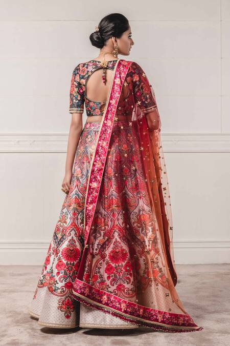 Shop Tarun Tahiliani Multi Color Tafetta U Neck Printed Bridal Lehenga Set at Aza Fashions Shop_Tarun Tahiliani_Multi Color Tafetta U Neck Printed Bridal Lehenga Set_at_Aza_Fashions