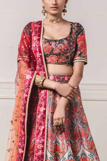 Buy Tarun Tahiliani Multi Color Tafetta U Neck Printed Bridal Lehenga Set Online at Aza Fashions Buy_Tarun Tahiliani_Multi Color Tafetta U Neck Printed Bridal Lehenga Set_Online_at_Aza_Fashions