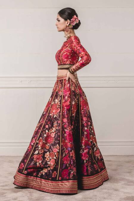 Tarun Tahiliani_Purple Tafetta Mandarin Collar Printed Lehenga Set_Online_at_Aza_Fashions