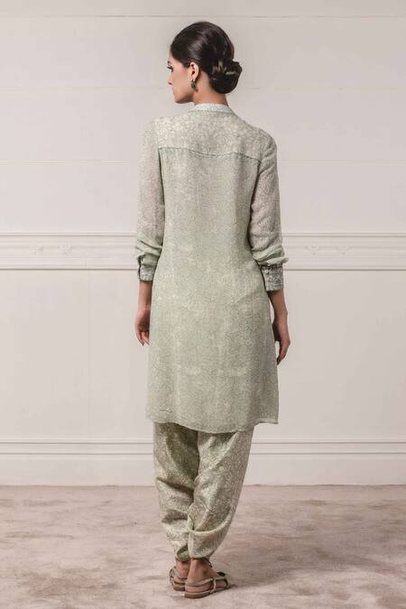 Shop_Tarun Tahiliani_Green Georgette Band Collar Chikankari Kurta And Dhoti Pant Set _at_Aza_Fashions