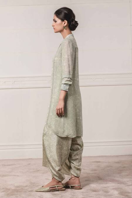 Tarun Tahiliani_Green Georgette Band Collar Chikankari Kurta And Dhoti Pant Set _Online_at_Aza_Fashions