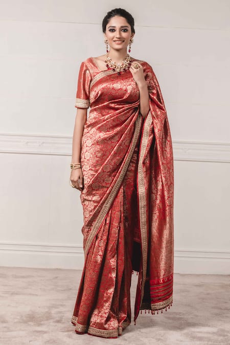 Buy Red Plain Dyed With Zari Brocade Silk Saree-UNM75024 Online at  Unnatisilks.com|UNM75024