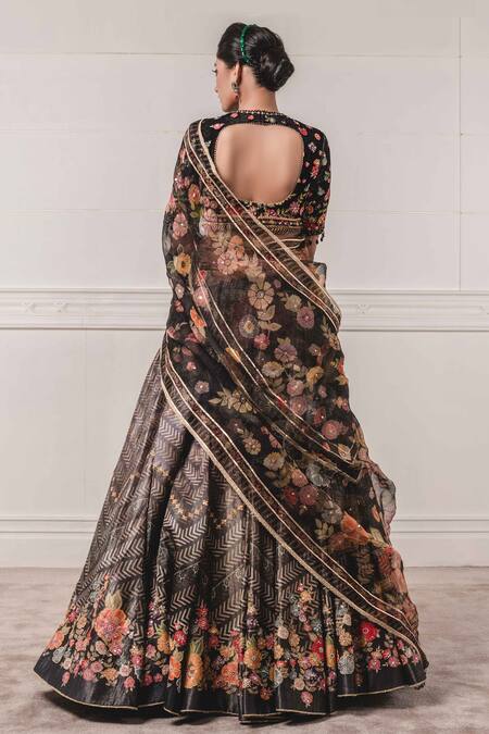Buy_Tarun Tahiliani_Black Velvet, Modal Satin V Neck Printed Lehenga Set_Online_at_Aza_Fashions