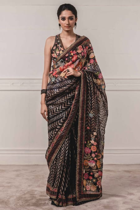 Tarun Tahiliani Black Viscose Organza Round Printed Saree With Blouse 