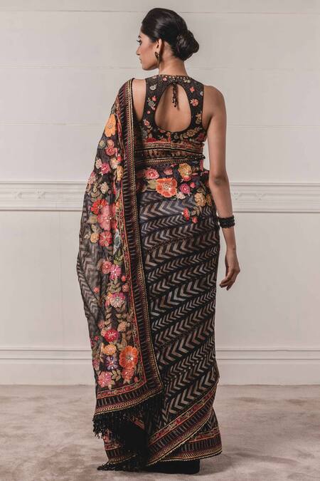 Shop_Tarun Tahiliani_Black Velvet, Satin, Viscose Organza Round Printed Saree With Blouse_at_Aza_Fashions