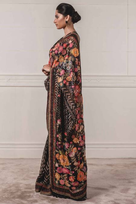 Tarun Tahiliani_Black Velvet, Satin, Viscose Organza Round Printed Saree With Blouse_Online_at_Aza_Fashions
