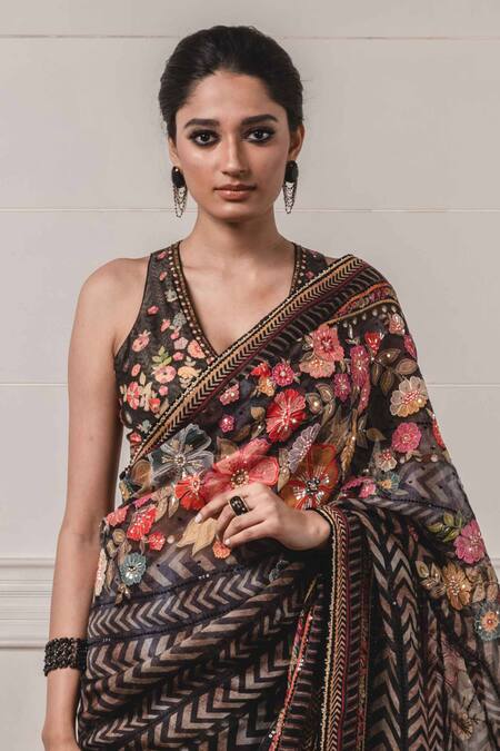 Buy_Tarun Tahiliani_Black Velvet, Satin, Viscose Organza Round Printed Saree With Blouse_Online_at_Aza_Fashions