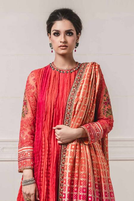 Buy_Tarun Tahiliani_Pink Tulle, Chanderi, Brocade Round Anarkali Sharara Set_Online_at_Aza_Fashions