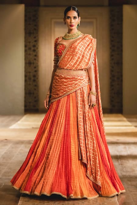 Tarun Tahiliani Orange Chanderi Leaf Neck Bridal Lehenga Set 