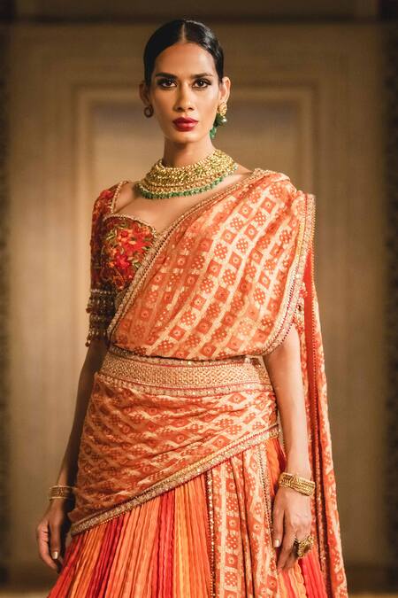 Buy_Tarun Tahiliani_Orange Chanderi, Brocade Leaf Neck Bridal Lehenga Set_Online_at_Aza_Fashions